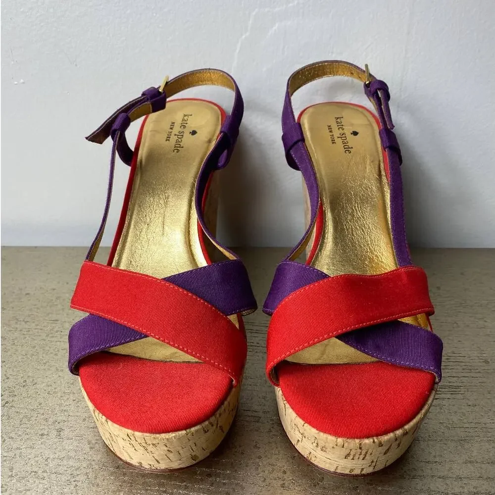 KATE SPADE SANDALS 10 PENNY PLATFORM CHUNKY CORK WEDGE HEELS STRAPPY RED PURPLE